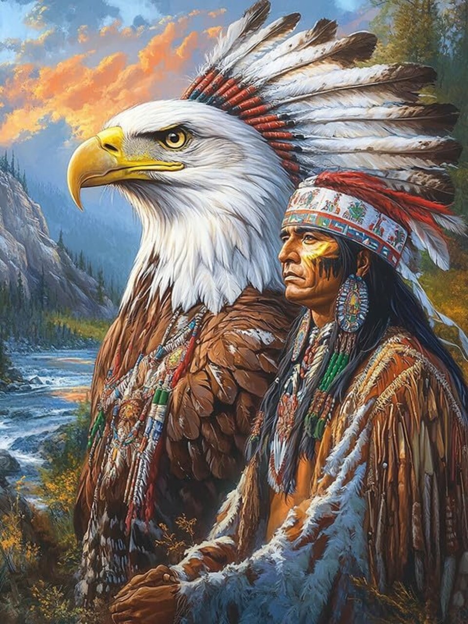 5D Diamond Art Kits for Adults Eagle Indian, Full Drill DIY Rhinestone Embroidery Set Paint with Diamonds Art Animal by Number Kits Cross Stitch Home Wall Craft Decor 12x16 Inch